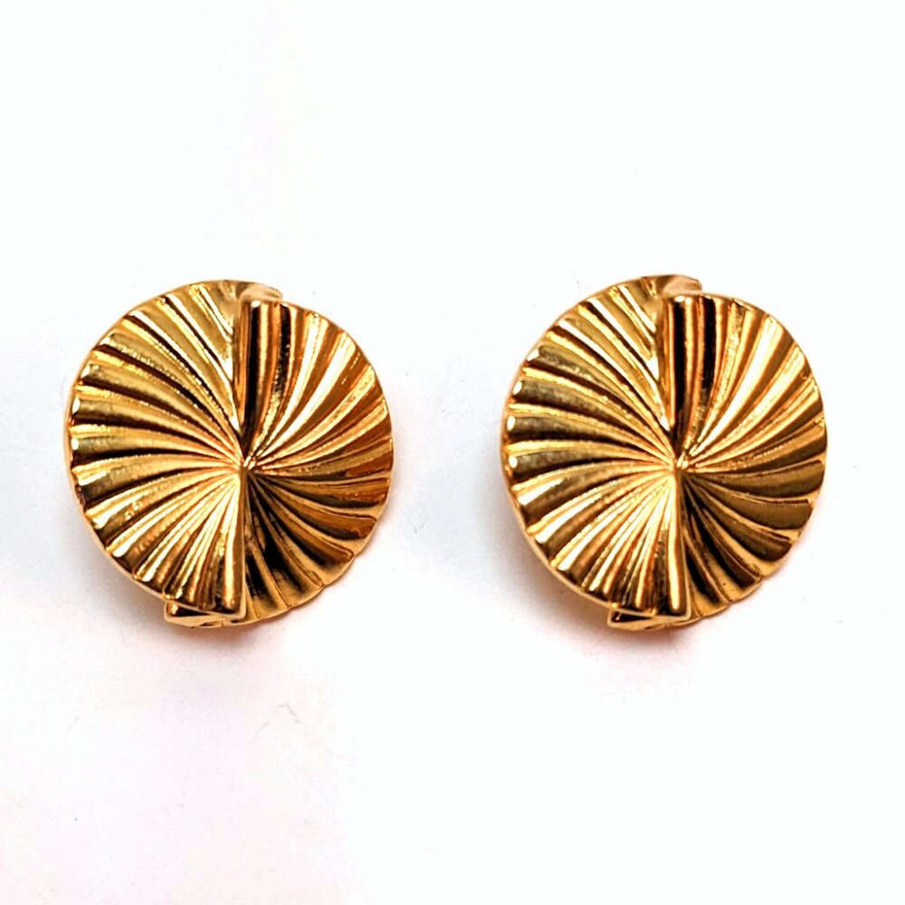 Vintage 80s Scalloped Gold Metal Fan Earrings Art Deco Classic Party Elegant